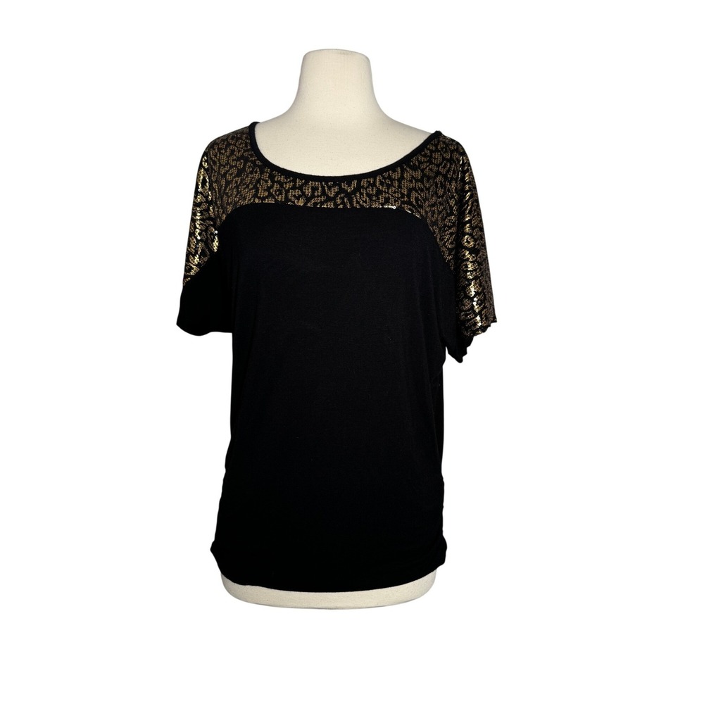 Bebe Womens Black Gold Sequin Leopard Print Dolman Sleeve Ruched Top Size L